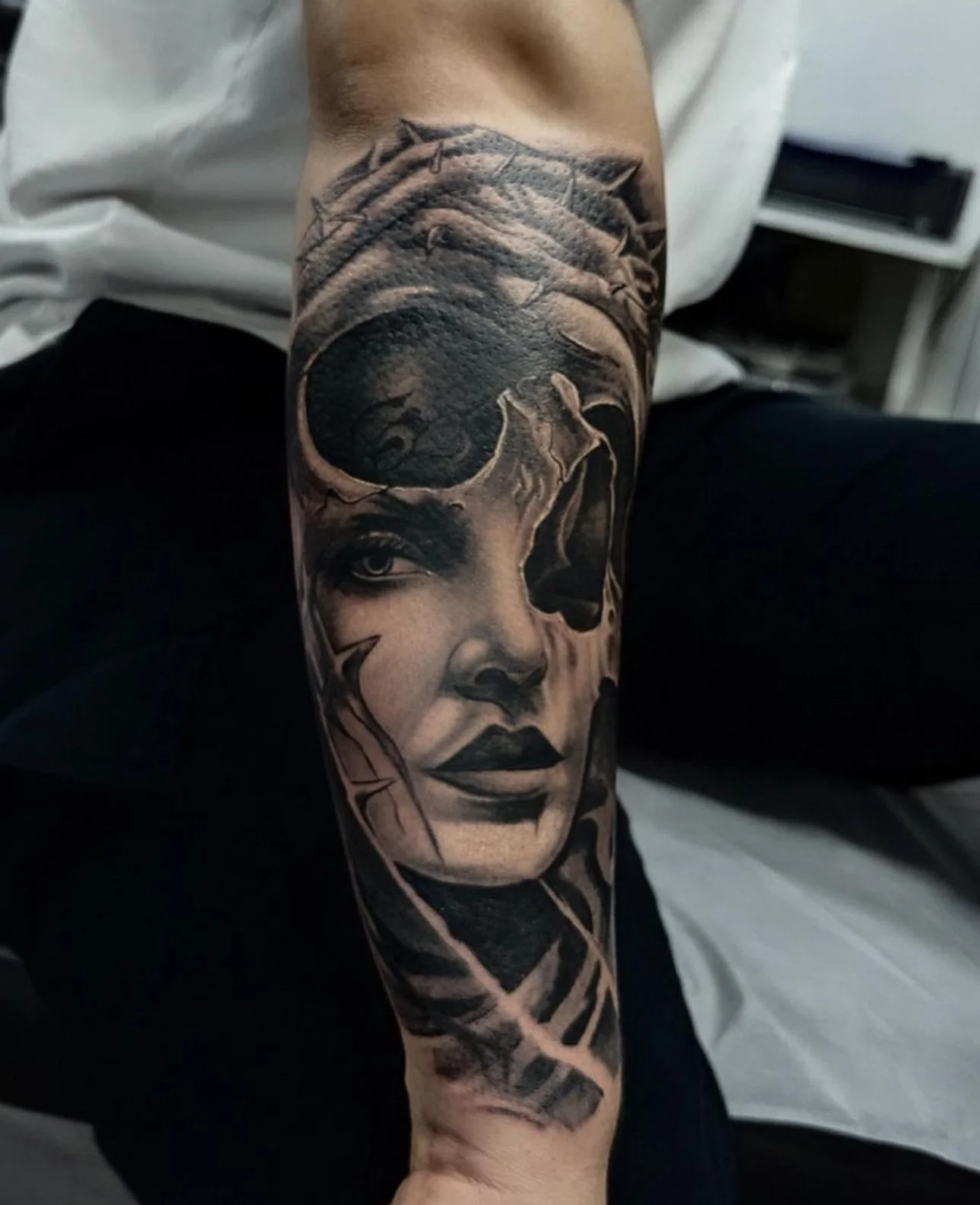 black and grey realistic face and goth imagery